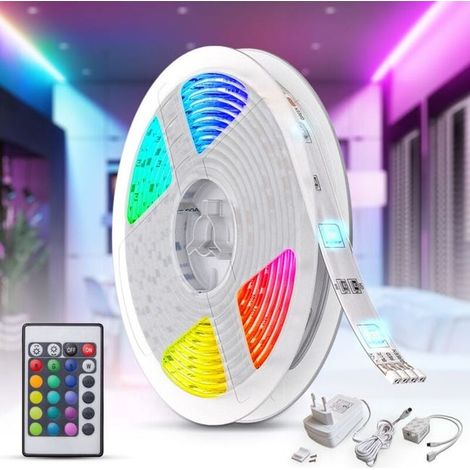 Ruban LED 5m intérieur multicolore, bandeau lumineux flexible auto-adhésif, variateur avec télécommande, 24W, guirlande décorative RGB, longueur 5 mètres (1/4)