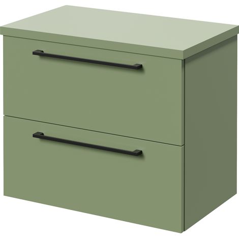 Napoli 390 Olive Green 600mm Wall Mounted 2 Drawer Vanity Unit for Countertop Basins - 600mm - Matt Black 320mm Handle