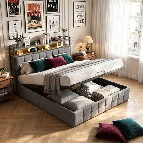 Lit coffre 160x200 cm avec rangement, Tête de lit avec LED et USB, Rangement hydraulique, Sommier à lattes, Tissu en lin gris (1/5)