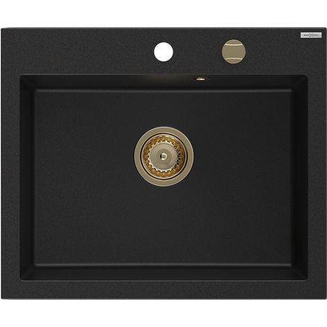 Mexen Elix Granitspüle 1-Becken 600 x 500 mm, schwarz, goldener Siphon - 6525601005-77-G