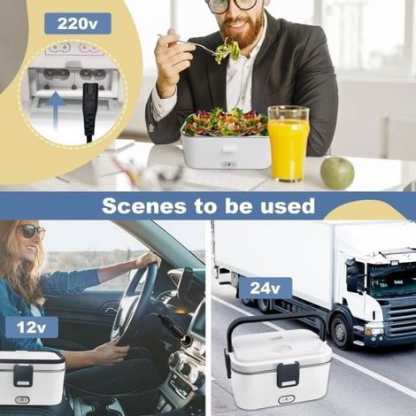 gamelle chauffante,Lunch Box Chauffante12/24/220V 1.8L Électrique Acier Inoxydable Chauffage Rapide Gamelle.(Blanc) (1/4)
