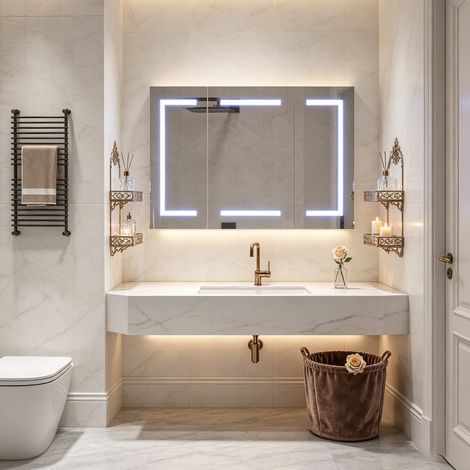 Armoire Miroir Salle de Bain murale avec LED RGB, 3 portes miroir, Prises USB/EU, Bouton tactile, Anti-Buée, Rangement Réglable, Blanc