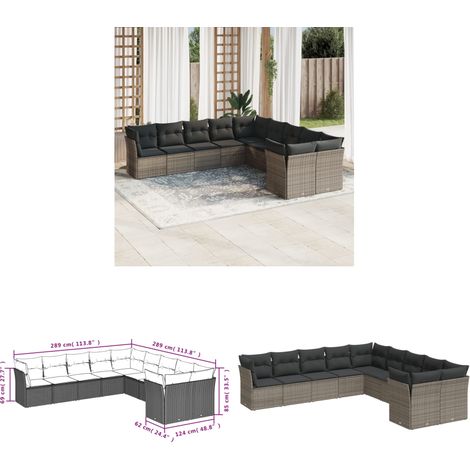 10-tlg. Garten-Sofagarnitur mit Kissen Grau Poly Rattan - Gartensortiment - Gartenmöbel - Lounge Möbel - Rattan Gartenmöbel - Polyethylen Furniture - Home & Living (1/3)