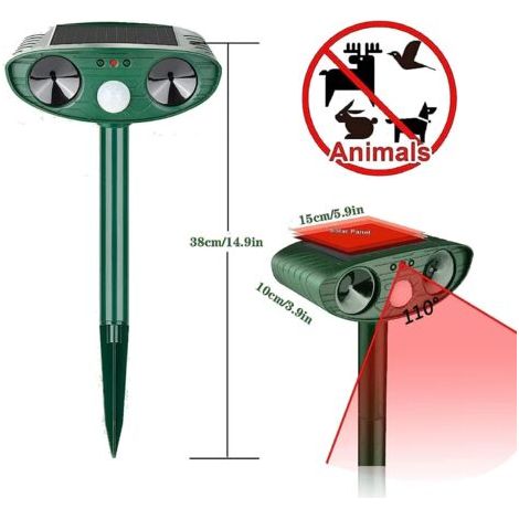 Dispositivo repellente ultrasonico solare per animali, impermeabile, con sensore di movimento, per gatti, cani, topi e fauna selvatica (1/4)