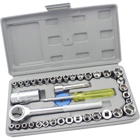 Coffret de 40 outils combinés pour voiture et moto, comprenant un jeu de douilles, une boîte à outils, une clé et une sacoche à outils. (1/5)