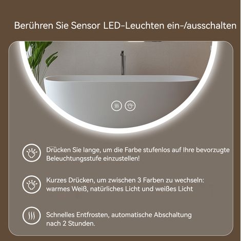 Miroir mural rond LED 80cm avec éclairage, lavabo salle de bain, antibuée, 3 températures de couleur réglables et lumière dimmable, miroir de maquillage chambre, miroir intelligent décoration moderne. (1/5)