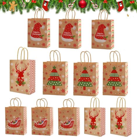 Vtizikl 12 pièces sacs cadeaux de Noël en papier kraft avec poignée - faits pour les fêtes et cadeaux de vacances