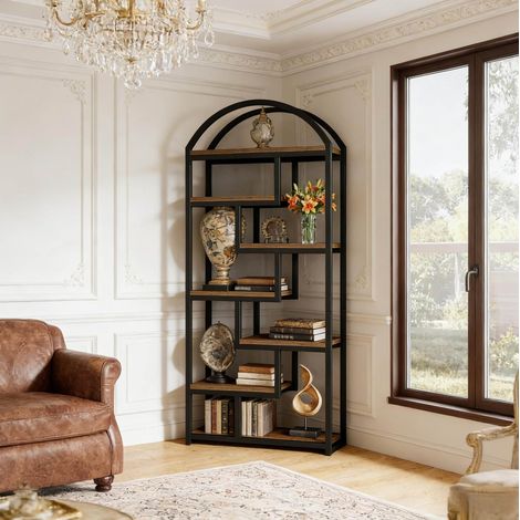 Bibliothèque 180 cm noir et brun rustique en MDF et métal à 7 niveaux (1/4)