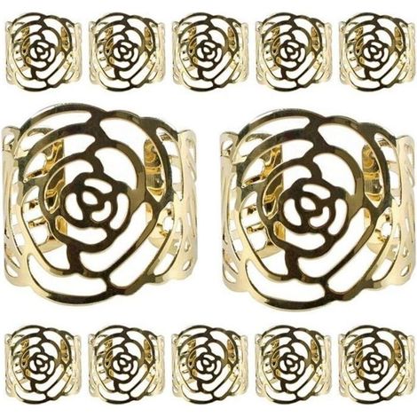 Rond de Serviette - KAKOO - Motif Fleur - Métal Ajouré - Lot de 12 - Couleur Doré (1/4)
