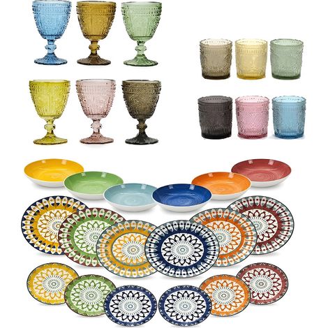 Servizio completo di Piatti e Bicchieri 30 Pezzi per 6 Persone in Porcellana Multicolor Design Mandala e Vetro a Rilievo, Lavabili in Lavastoviglie e Uso Microonde Ideale per Tavola Moderna e Regalo