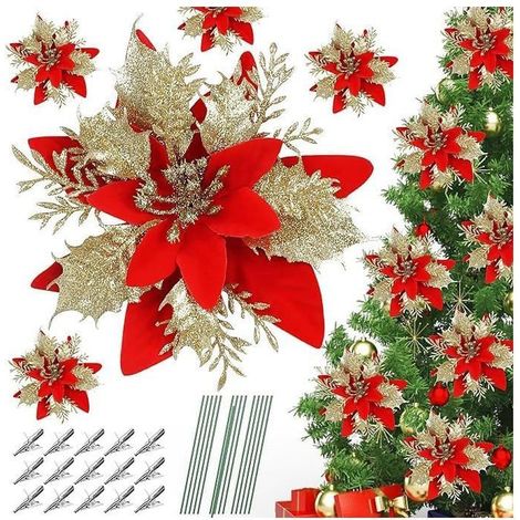Lot de 12 fleurs Poinsettias rouges pailletées – Décoration Noël – Pour table, couronne – Artificiel (1/5)