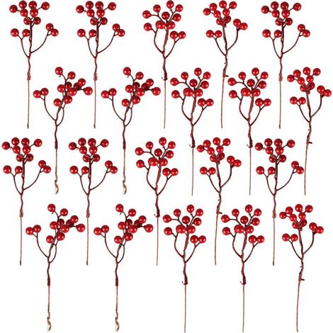 QAZQA 20 Pièces Décoration Artificielle de Baies Rouges,18 cm Baies Rouges Branches de Baies de Houx pour décoration d'arbre de noël Artisanat Saison de Vacances décoration d'hiver décoration de la Ma