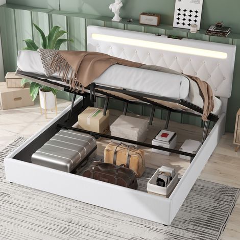 Cama de 180 x 200 cm - Cama con cajón de 180 y somier - Cama doble acolchada con LED RGB, puertos USB y Type-C - Tejido de lino y MDF - Blanco (1/5)