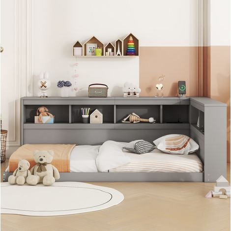 Daybett aus Spanplatte und MDF Grau 90x200 cm mit Lattenrost, USB-Anschlüssen und Steckdose (1/5)