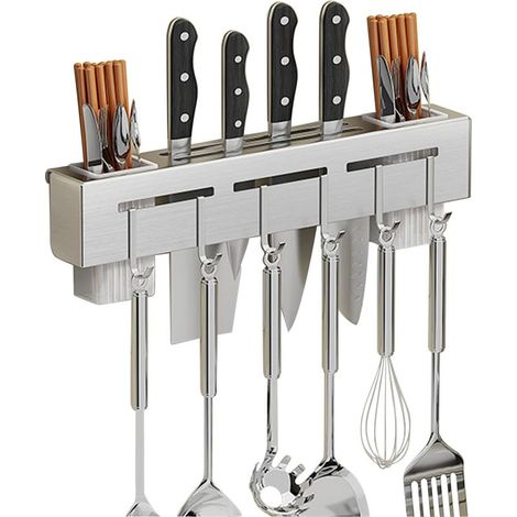 Porte-ustensiles de Cuisine Avec 6 Crochets Amovibles,Barre Ustensiles Cuisine Mural,Porte-ustensiles Suspendu pour Suspendre les Ustensiles de Cuisine pour la Maison,la Salle à Manger (Argent) (1/5)