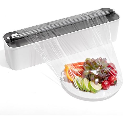 Derouleur Film Alimentaire avec Coupeur - Organisateur de Cuisine Magnétique et Adhésif Sans Percer, Distributeur Papier Aluminium et Film - Gain de Place pour Rouleaux Jusqu'à 300m, Noir (1/5)