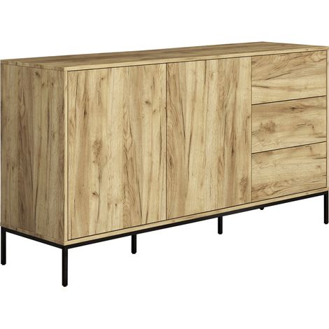 Buffet de salon bas 2 portes et 3 tiroirs 150x80x41cm Meuble de rangement Modèle Serena Couleur Chêne Alpes Finition mat