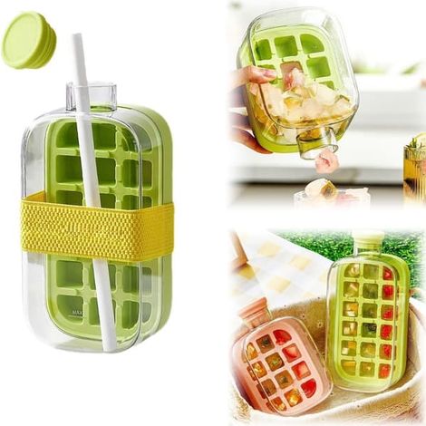 BelleRise - Bac à glaçons 2 en 1 avec couvercle et récipient, rangement vertical congélateur, moule silicone 800 ml – vert (1/5)