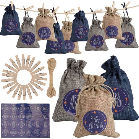 Randaco 24 Calendario de Adviento de tela-Bolsa,24 pegatinas digitales,DIY Navidad Regalos Bolsas a,Colgantes decorativos Bolsas, Pequeños Objetos Bolsa de Almacenamiento,azul/blanco/gris