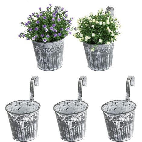 5pcs Pots De Fleurs À Suspendre En Fer Style Vintage Avec Crochets Anses Seau De Plante Pour Décoration Intérieur Extérieur De Maison Balcon Jardin Grille 14cm