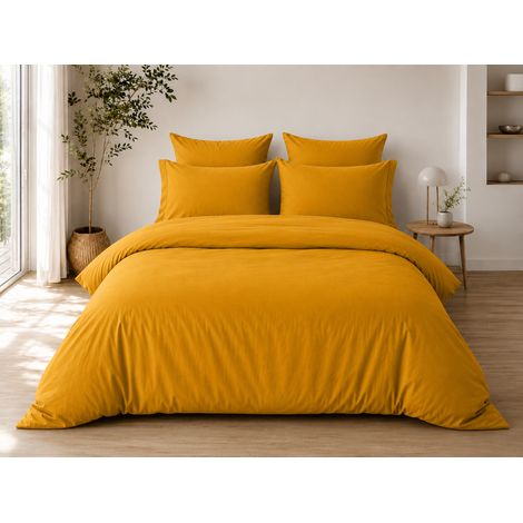 Parure de Lit Complète 240 x 220 cm Curry - 100% Coton 57 Fils - Drap-Housse 140x190 + 4 Taies (1/5)