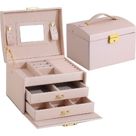 1 Boîte à bijoux, cuir PU, 3 compartiments, miroir intégré, serrure, rangement colliers bagues, voyage quotidien (1/5)