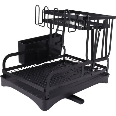 Étagère à Vaisselle Pliable Double Étage Multifonction avec Égouttoir pour Plan de Travail Cuisine Noir (1/5)