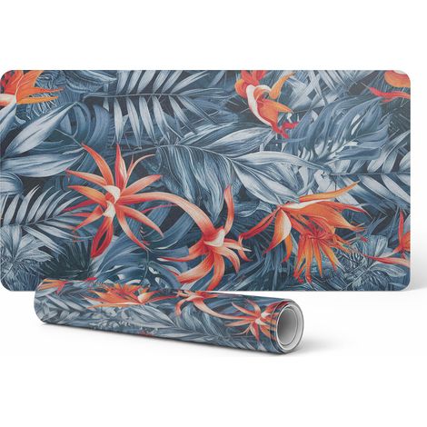 Alfombrilla protectora moderna para escritorio con dise帽o de hojas y flores ex贸ticas, 120 x 60 cm.