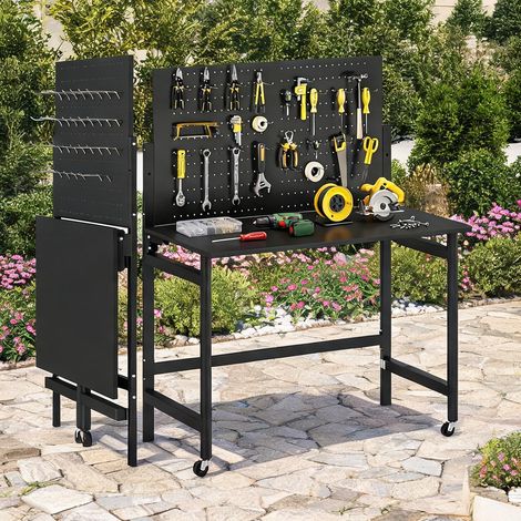 Établi pliable avec roulettes et panneau perforé 115 x 62 x (1/5)