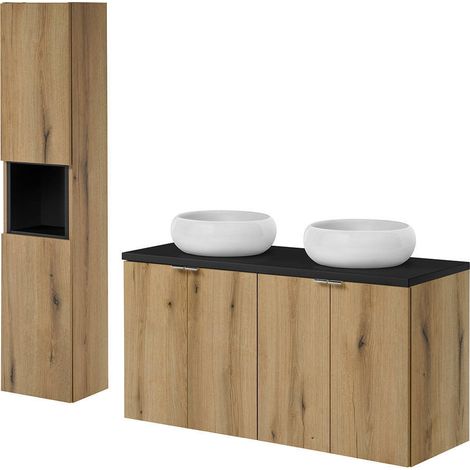 Set Pensile Newport da Bagno con Mobile a Colonna Mobile Sottolavabo 120x57x39 cm e 2 Lavabi in Ceramica - Effetto Rovere/Nero [en.casa]