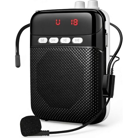 Tragbarer Sprachverstärker für Lehrer mit Bluetooth, wiederaufladbares 2400-mAh-PA-System mit kabelgebundenem Mikrofon, Sprachverstärker für Lehrer und Reiseleiter (Schwarz) (1/5)