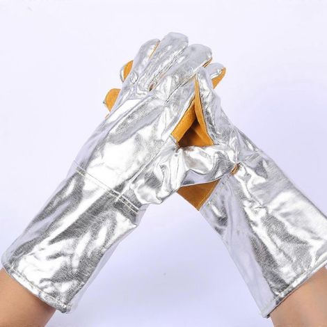 Gants en feuille d'aluminium, paume en aluminium et cuir, gants en feuille d'aluminium et élasthanne, gants multi-spécifications résistants à la fusion à haute température, isolation thermique. (1/2)