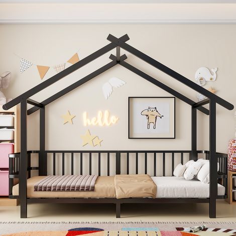 Lit cabane enfant 90x200 avec barrière sécurité - toit et cadre décoratif - structure métal - noir (1/5)