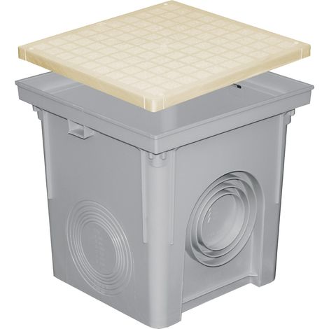 First Plast – Regard polypropylène 400x400mm – Couvercle sable pour descente eau pluviale – Entrée femelle Ø100-125-160-200 – Sortie mâle Ø90-250