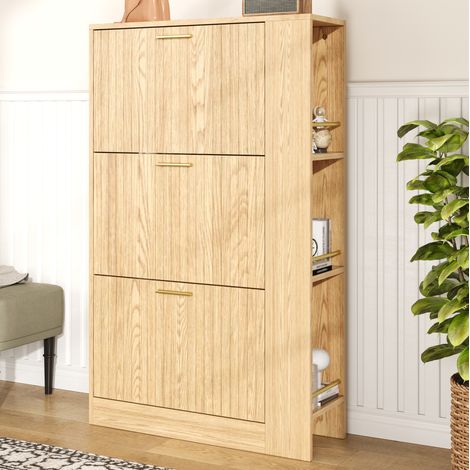 Schuhschrank aus MDF in Natur 70 x 23,5 x 115 cm, 3 Türen und offene Seitenfächer (1/5)