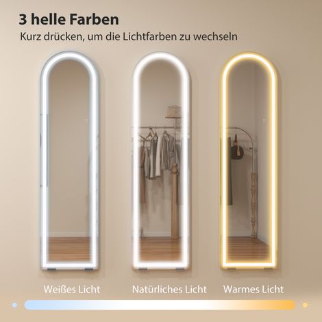 Miroir en pied lumineux LED incurvé 150x40 cm, variateur d'intensité, 3 températures lumineuses, blanc, pose au sol ou murale (1/4)