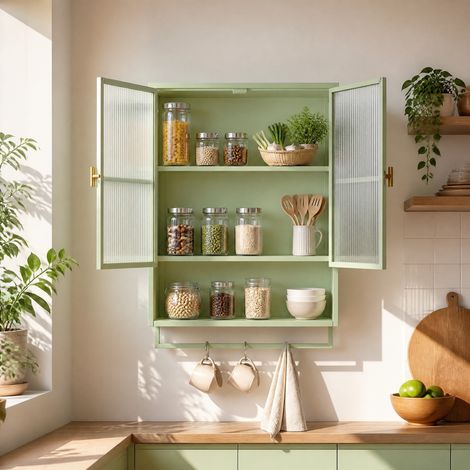 Meuble mural 60x23x78 cm en métal et verre vert, avec rangement, gain de place, FloraGrace (1/5)