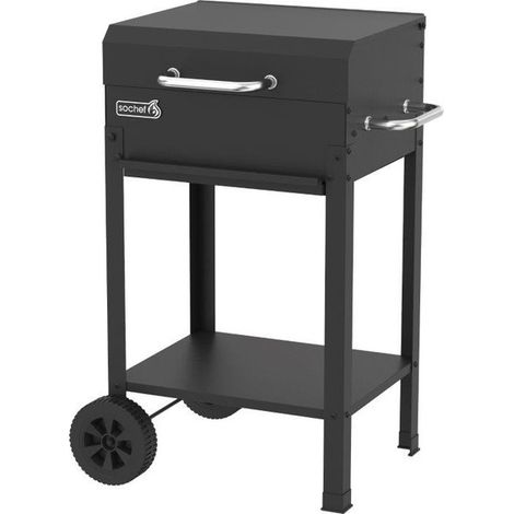 Barbecue a Carbone 50x40 cm con Griglia in Acciaio Inox Regolabile a 3 Altezze, Coperchio, Ripiano Inferiore e Ruote 50x40xH90 cm