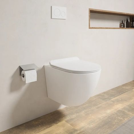 Cuvette WC suspendue en céramique blanc mat sans rebord peu encombrante avec siège à fermeture douce Paris (1/3)