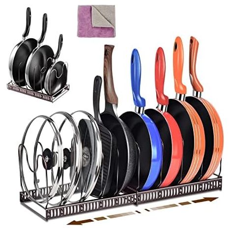 Support à casseroles à 7 compartiments réglables, extensible, en acier inoxydable, avec couvercles, pour tiroir de cuisine - Marron WddnAot (1/5)