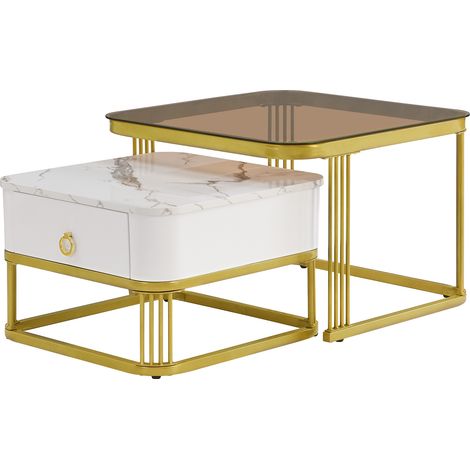 Table basse modulable blanche et or avec plateau effet marbre et verre, ensemble de 2 pièces avec tiroirs (1/5)