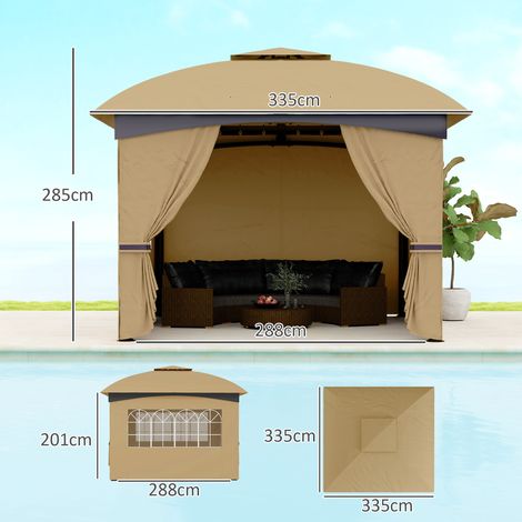 Pavillon d'environ 3,4 x 3,4 m, pavillon de jardin hydrofuge à 4 panneaux latéraux, double toit, tente de réception avec protection UV, structure en métal galvanisé, beige (1/5)