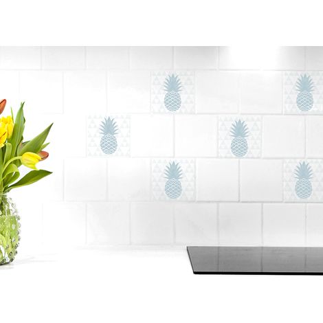 Sticker carrelage adhésif déco annanas bleu clair, 4 pièces, 15x15 cm, chic et tendance. (1/2)