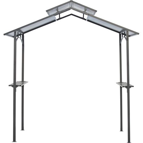 Pavillon de barbecue avec toit ignifuge, abri de grill 2,5x1,5m, étagères doubles, acier et polycarbonate noir+marron (1/5)