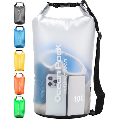 Sac étanche de 10 l, avec bandoulière réglable et fermeture à enroulement, adapté à la natation, au camping et à la pêche (blanc)