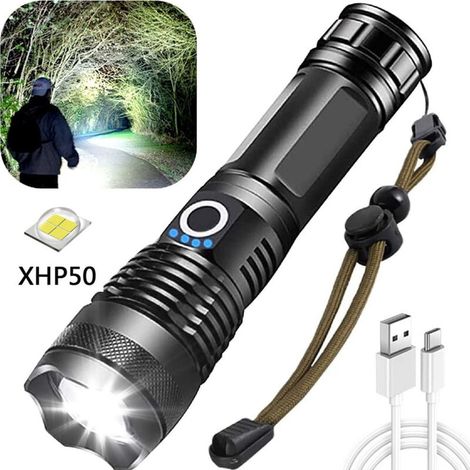 Linterna LED ultra potente de 5000 lúmenes, recargable por USB, linterna táctica extremadamente brillante, linterna impermeable con zoom de 5 modos para acampar, hacer senderismo y emergencias, baterí (1/4)