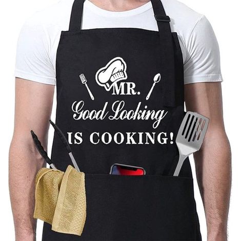1 Grembiule da cucina da uomo, nero, regolabile, umoristico, divertente, con motivo barbecue, grembiule professionale in cotone, regalo di San Valentino, nero 7 (1/5)