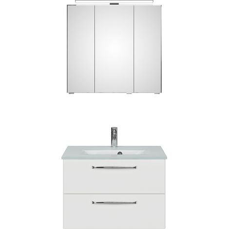 Waschplatz Badezimmer mit Glaswaschbecken TRENTO-66 in weiß Glanz, B/H/T: ca. 77/200/50 cm (1/4)