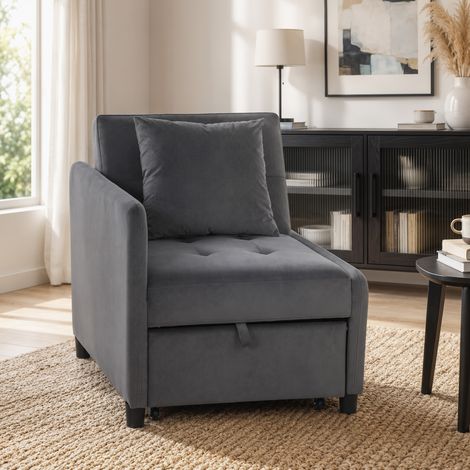 Poltrona Letto Singola 4 en 1 escamotable matelassée, inclinable en velours gris anthracite, avec rangement intégré, idéale petit espace. (1/5)