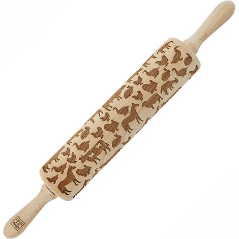 Rodillo de madera MoodForWood, grabado, 43 cm con asas, perfecto para hornear - Diseño de granjero (1/5)